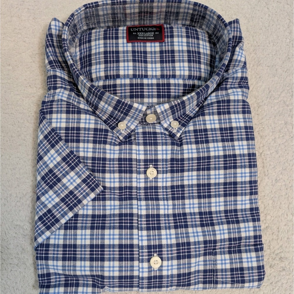 NEW! UNTUCKit Trotanoy Mens 3XL Regular Fit Blue Short Sleeve Button Down Plaid